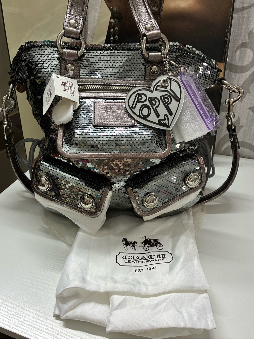 Coach NWT Poppy Spotlight Sequin Shoulder Bag in GRAPHITE